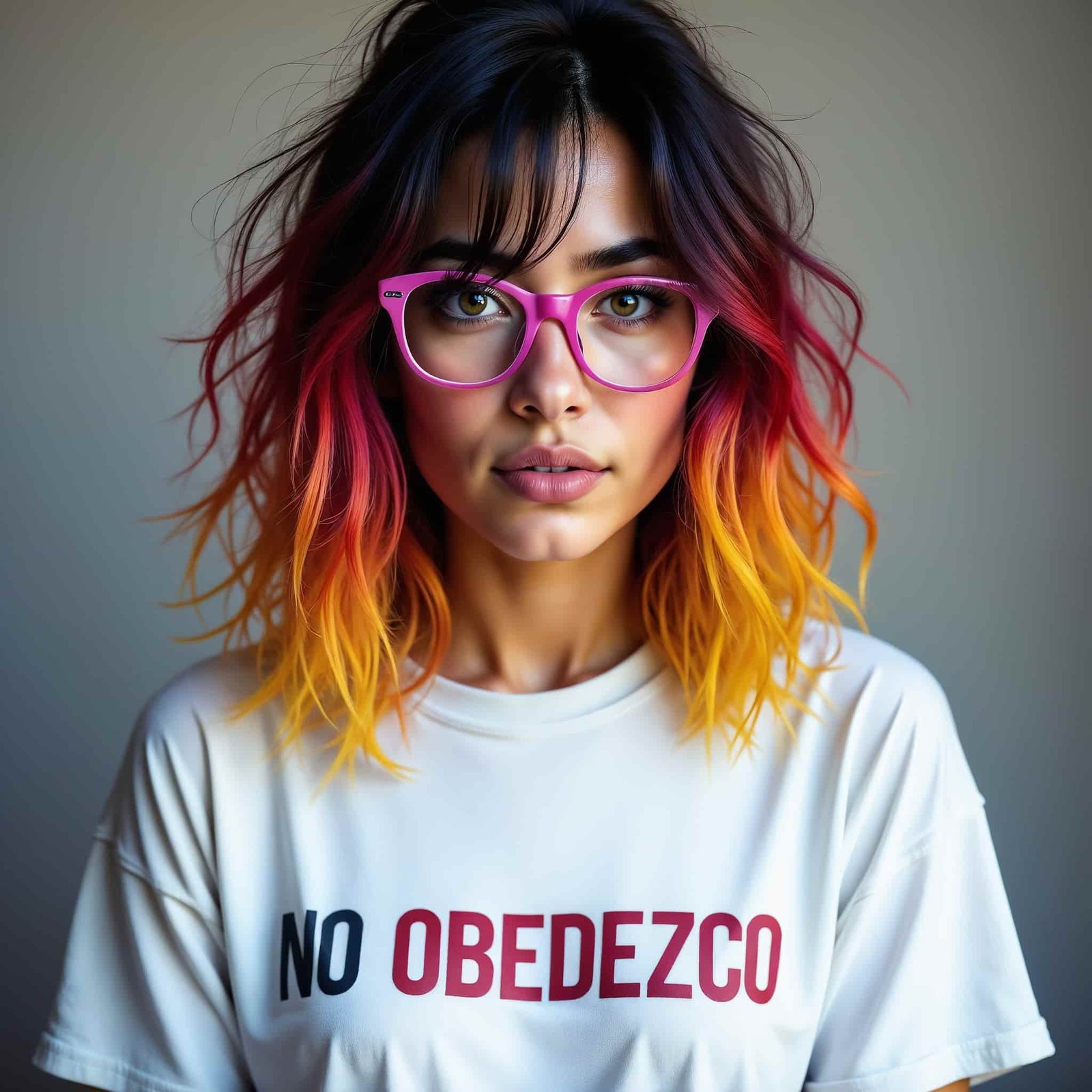 ALT: mujer con gafas con camiseta que pone no obedezco . critica social