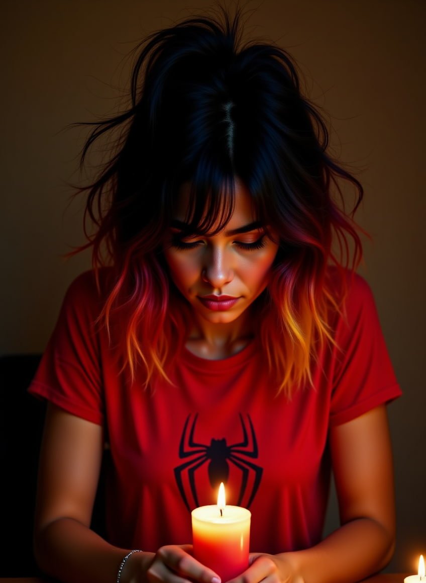 Imagen ultra realista de una mujer joven con camiseta de Spiderman, arrodillada frente a una vela encendida. Su expresión es solemne y distante, como en un acto de fe irónica. El fondo oscuro resalta la luz cálida de la vela, mientras el símbolo del superhéroe redefine la espiritualidad moderna en clave pop.