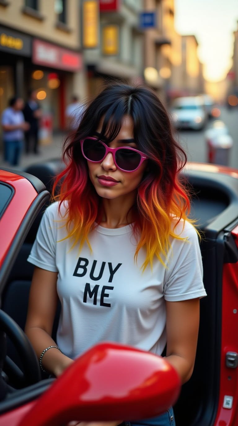 Rocío Aso en Ferrari con gafas rosas y camiseta “buy me”, simbolizando el éxito económico y la soledad emocional del lujo vacío.