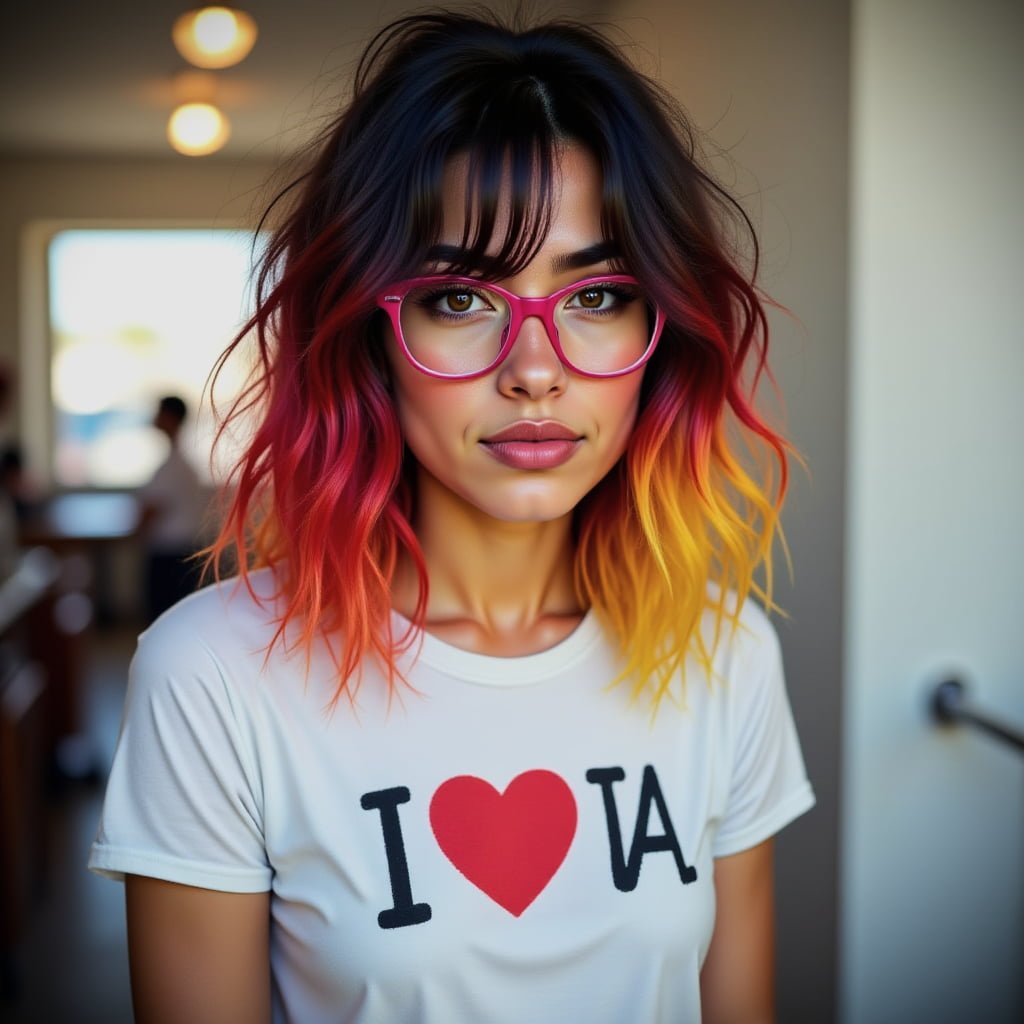 Mujer con gafas rosas y camiseta “I LOVE IA” posando para artículo crítico sobre cursos y certificados de Inteligencia Artificial.