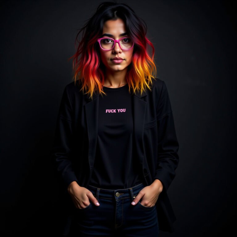 Retrato frontal de una mujer española-colombiana con media melena negra y puntas rojas y amarillas, mirada desafiante y gafas rosas, luciendo una camiseta negra con el mensaje “FOUR YO” en letras rosas. Imagen de estudio con estética editorial, actitud firme y carga irónica.