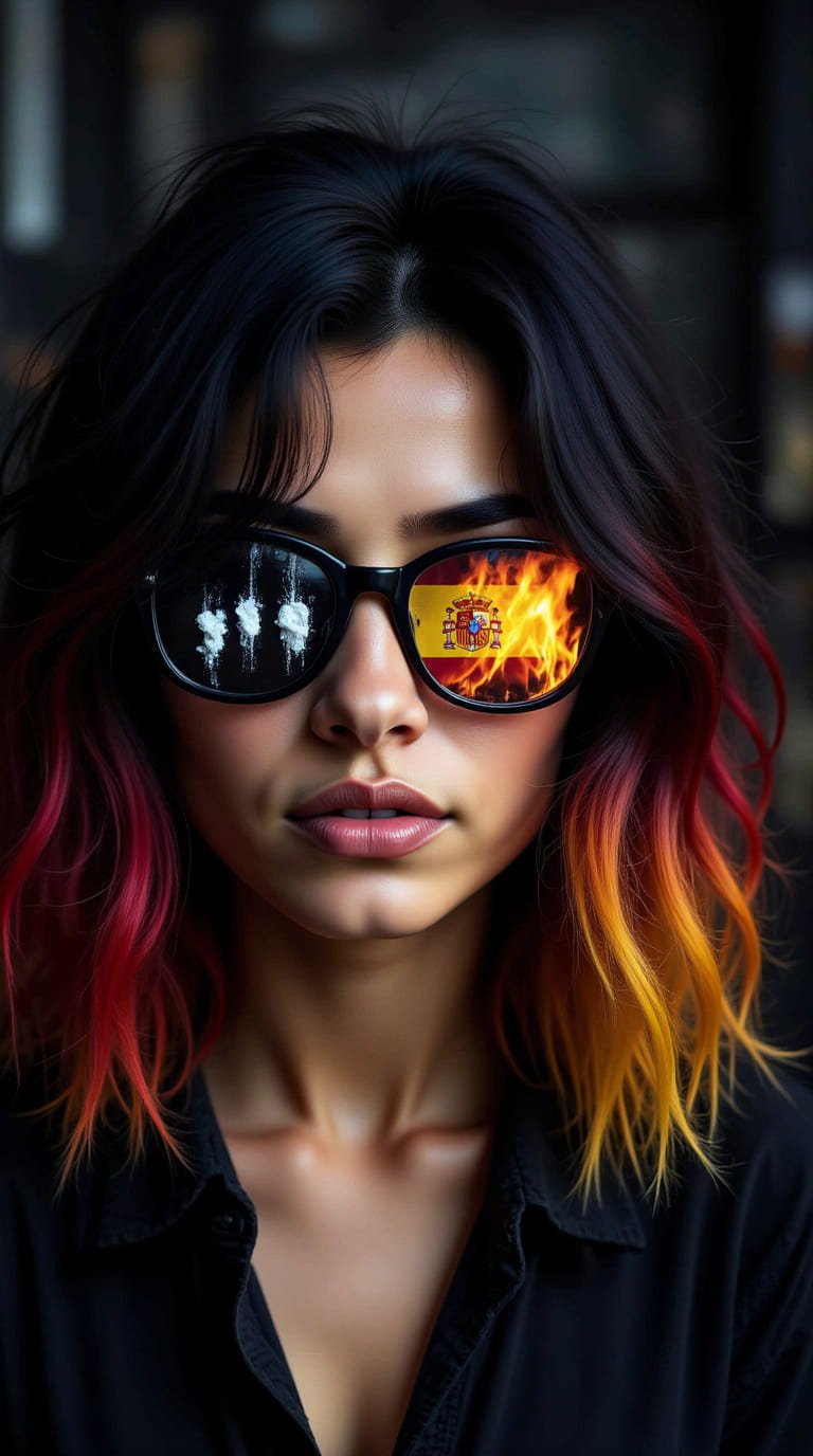 Rocío con gafas oscuras reflejando cocaína, política, poder y la bandera de España en llamas