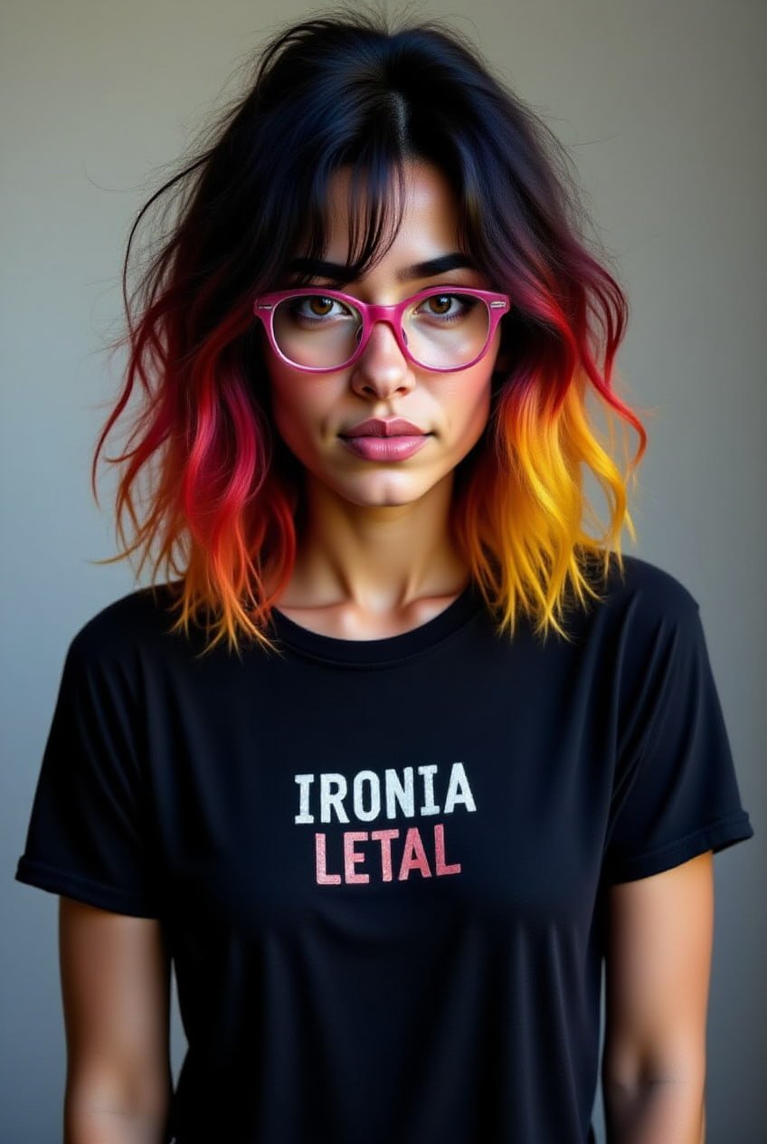 alt="Rocío representando el pensamiento crítico en la era digital con camiseta irónica"