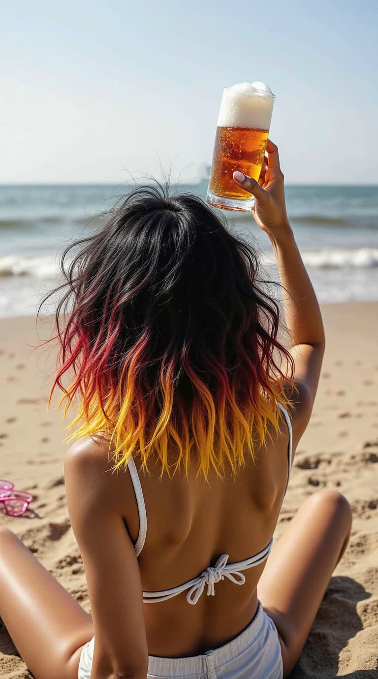 Rocío brindando con cerveza frente al mar durante el verano 2025 en España, símbolo irónico de la crisis turística nacional.