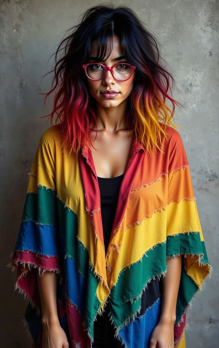 Rocío con poncho de bandera LGTBI mirando de frente.