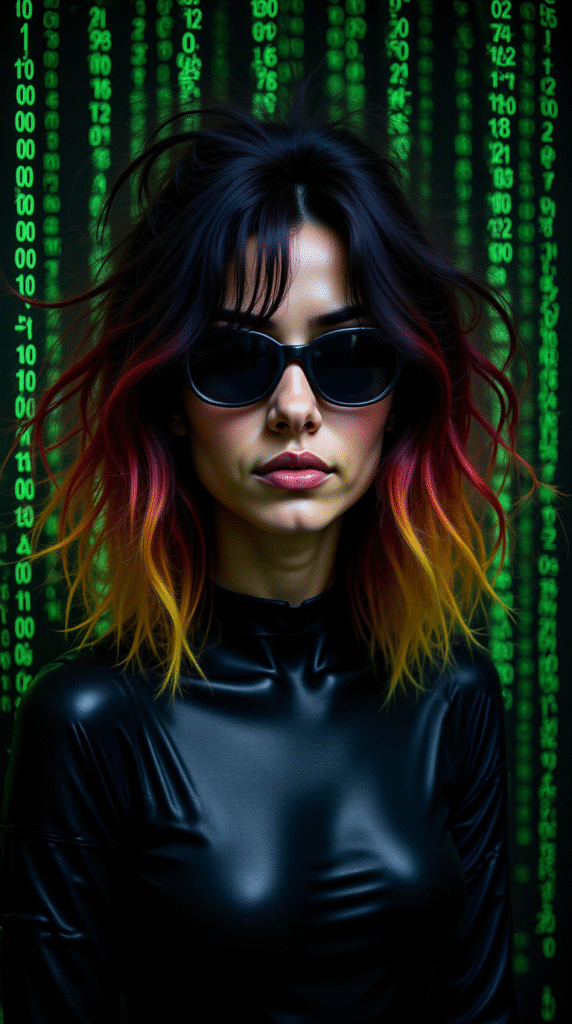 ROCIO CON GAFAS OSCURAS EN UN ENTORNO MATRIX MILLENIAL , TODO DECORADO