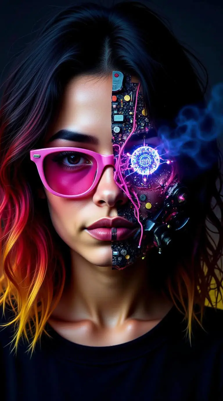 “RocíoAI con media cara humana y media cara cibernética, pelo negro con mechas rojas y amarillas, gafas rosas, núcleo tecnológico brillante y humo azul, estilo cyberpunk.”