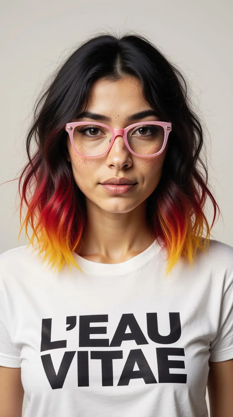 Rocío con camiseta BLANCA con letras negras "L’eau Vitae", mirada directa, expresión irónica, estilo editorial brutalista.