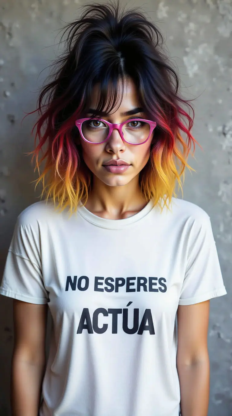 Retrato de Rocío con camiseta blanca que dice “NO ESPERES ACTÚA” y mirada seria frente a fondo gris urbano