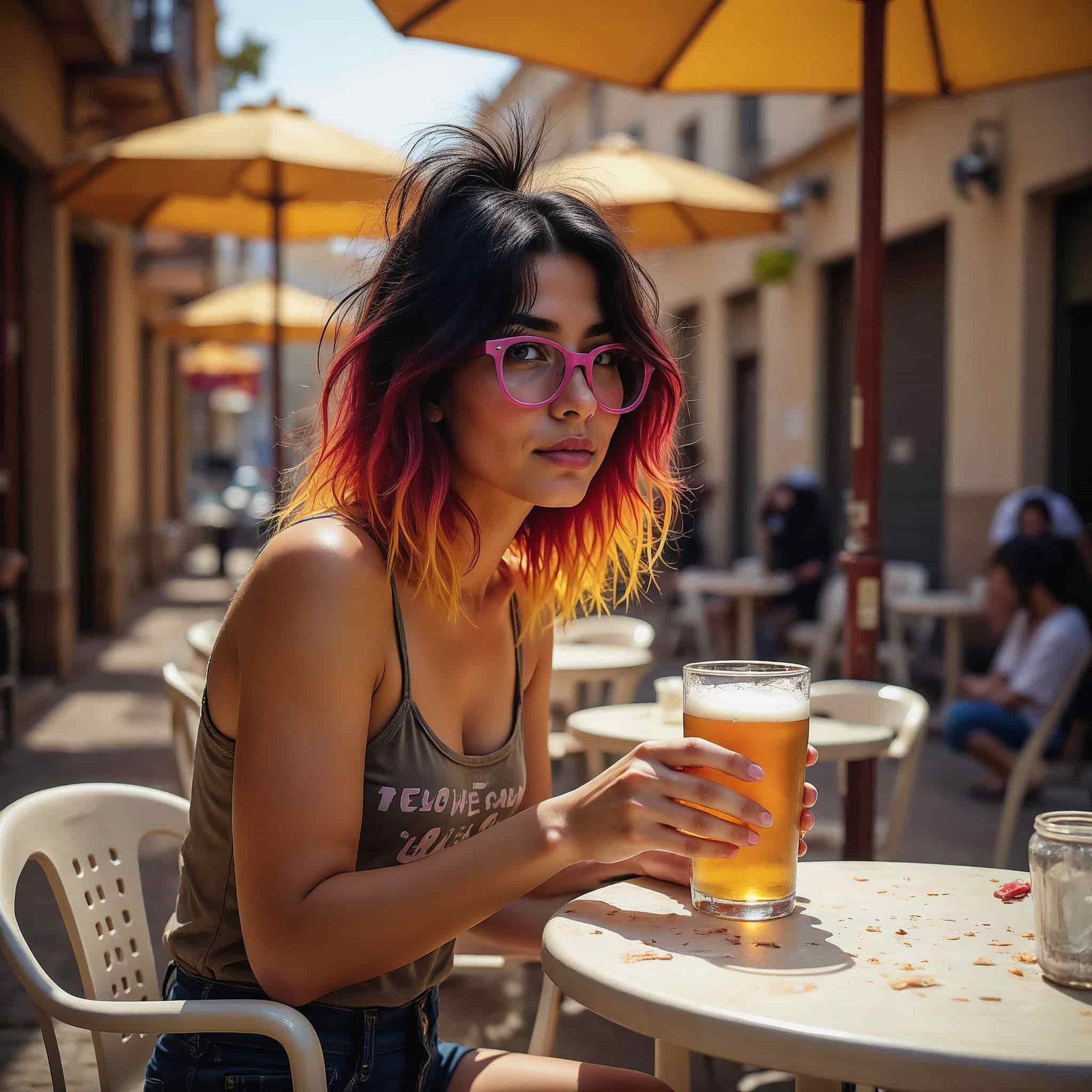Mujer con cerveza y papeles en terraza de barrio, escribiendo al sol mientras reflexiona sobre el colapso sanitario en España.