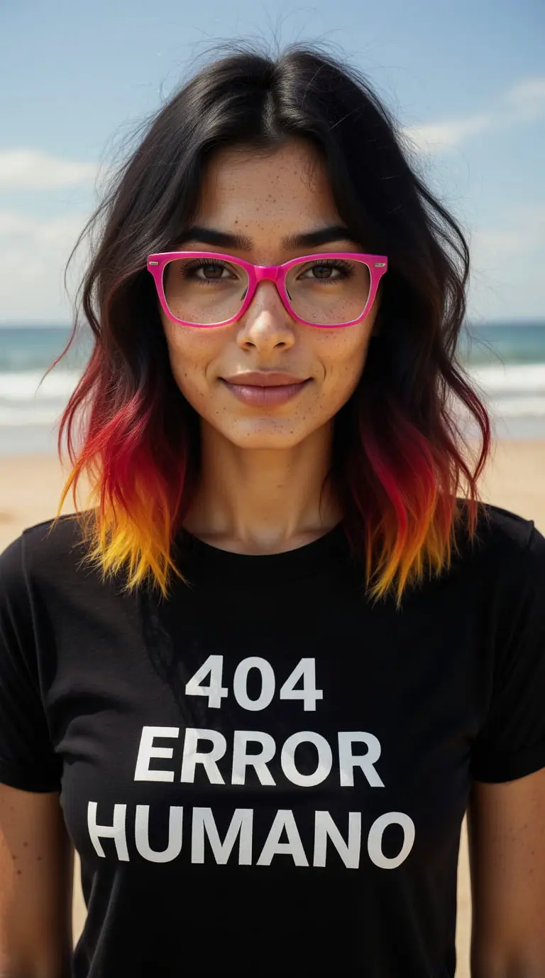 Mujer con camiseta “404 Error Humano” simbolizando la gran farsa de la inteligencia artificial.