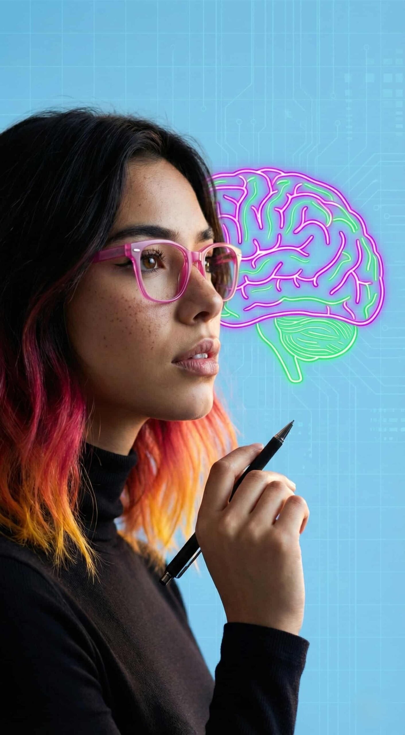 Rocío pensando frente a un cerebro fluorescente, simbolizando el porno como modelo mental.